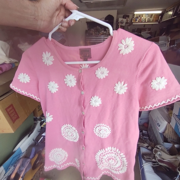 VTG color works silk button down cardigan short sleeve small silk spandex - Picture 9 of 11